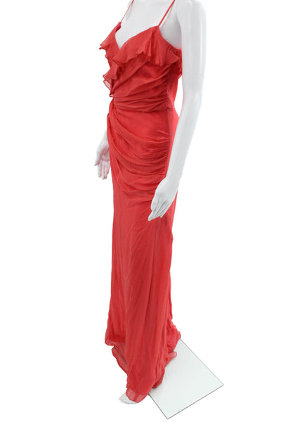 Badgley Mischka Womens Maxi Dress Red Silk V-Neck Sleeveless Long Zip Size 4