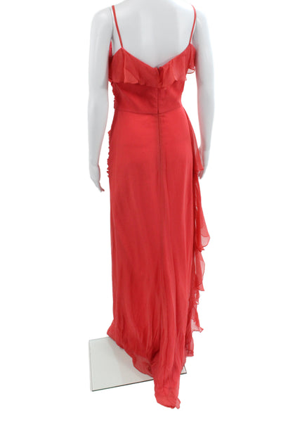 Badgley Mischka Womens Maxi Dress Red Silk V-Neck Sleeveless Long Zip Size 4
