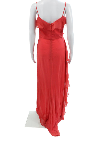 Badgley Mischka Womens Maxi Dress Red Silk V-Neck Sleeveless Long Zip Size 4