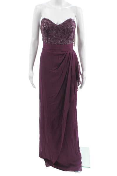 Badgley Mischka Women Purple Chiffon Sweetheart Maxi Dress Sleeveless Size 10
