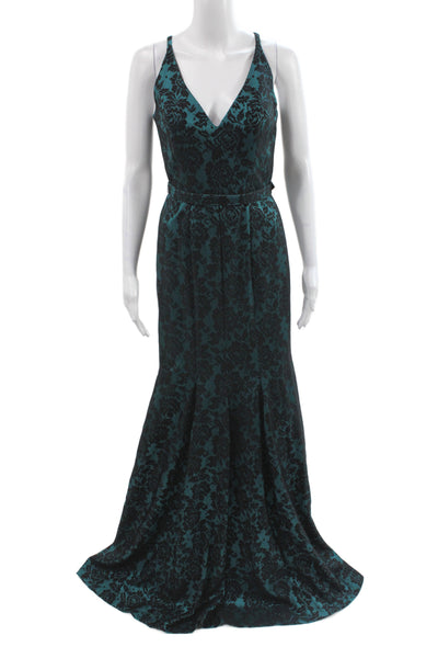 Badgley Mischka Women Mermaid V-Neck Sleeveless Long Floral Zip Dress Size 4