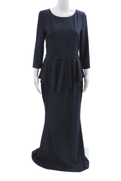 Badgley Mischka Women Mermaid Long Scoop Neck Blue Dress 3/4 Sleeve Size 4