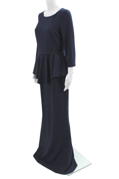Badgley Mischka Women Mermaid Long Scoop Neck Blue Dress 3/4 Sleeve Size 4