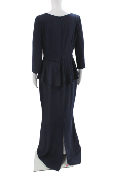 Badgley Mischka Women Mermaid Long Scoop Neck Blue Dress 3/4 Sleeve Size 4