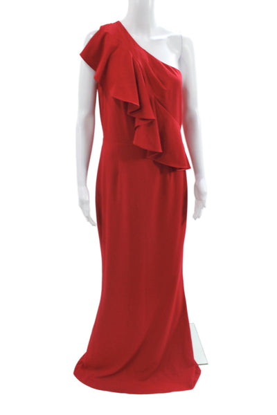 Badgley Mischka Women One Shoulder Maxi Dress Red Sleeveless Zip Wedding Size 10