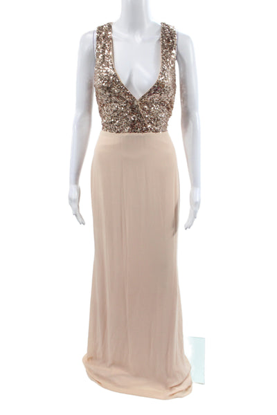 Badgley Mischka Women Maxi Dress Beige Sequin Cowl Neck Size 4