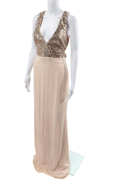 Badgley Mischka Women Maxi Dress Beige Sequin Cowl Neck Size 4