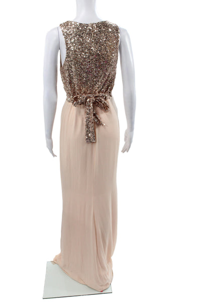 Badgley Mischka Women Maxi Dress Beige Sequin Cowl Neck Size 4