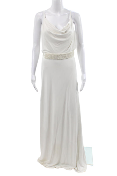Badgley Mischka Women Maxi Dress White Cowl Neck Sleeveless Wedding Size 4