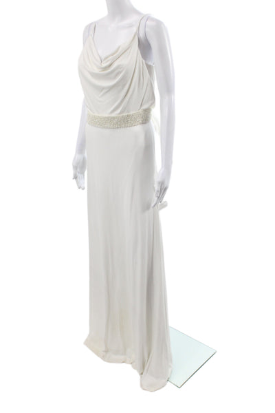 Badgley Mischka Women Maxi Dress White Cowl Neck Sleeveless Wedding Size 4