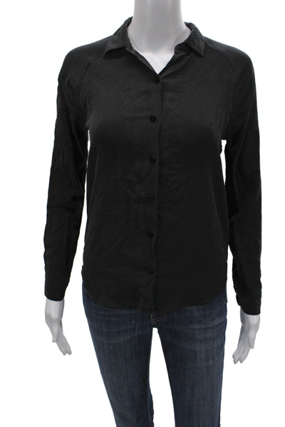 Everlane Womens Black Silk Collared Long Sleeve Button-Up Basic Size XS