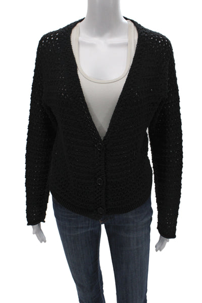 White + Warren Womens Black V Neck Cardigan 50% Cotton Long Sleeve Size M