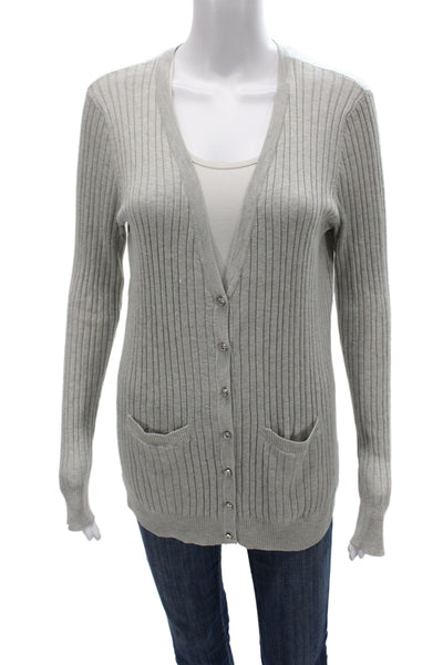 Magaschoni Women Cardigan Striped V-Neck Gray 85% Silk Long Sleeve Size M