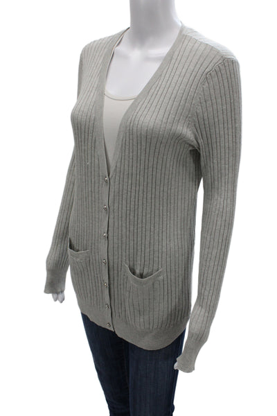 Magaschoni Women Cardigan Striped V-Neck Gray 85% Silk Long Sleeve Size M