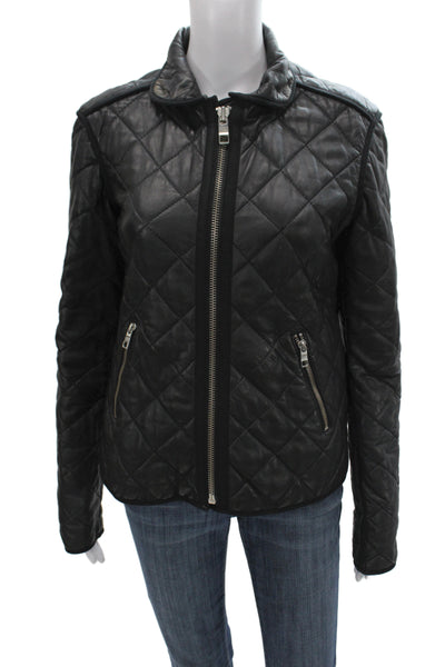 Closed Women Quilted Lamb Leather Jacket Black Argyle Zip Size M