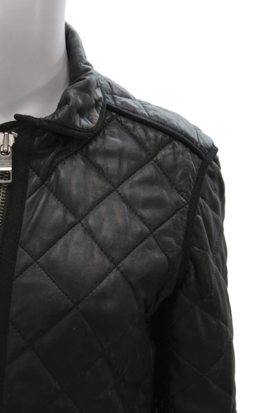Closed Women Quilted Lamb Leather Jacket Black Argyle Zip Size M