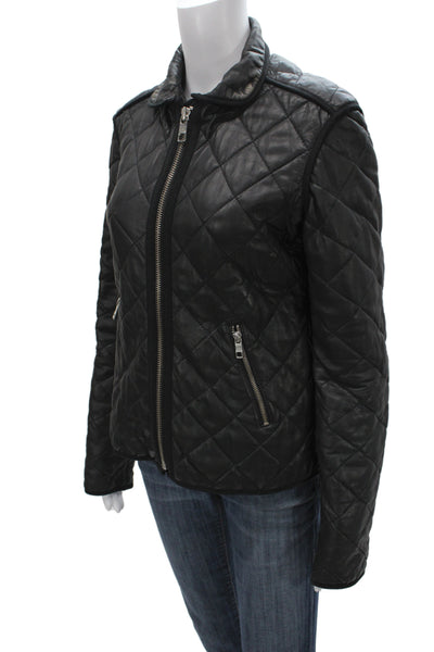 Closed Women Quilted Lamb Leather Jacket Black Argyle Zip Size M