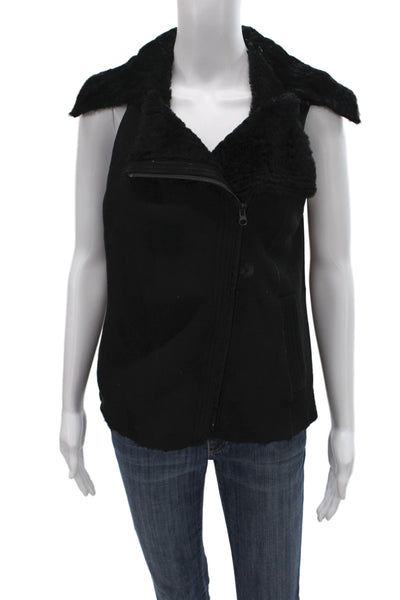 Vince Womens Biker Shearling Lamb Vest Black Zip Sleeveless Size S