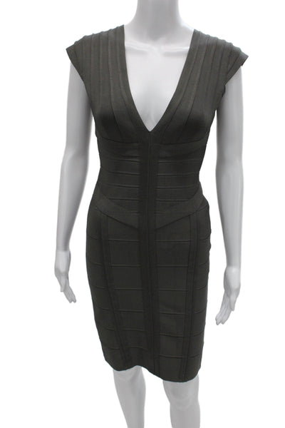Herve Leger Women Bodycon Dress Brown V-Neck Sleeveless Knee Length Zip Size M