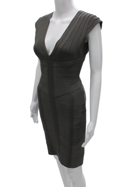Herve Leger Women Bodycon Dress Brown V-Neck Sleeveless Knee Length Zip Size M