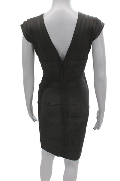 Herve Leger Women Bodycon Dress Brown V-Neck Sleeveless Knee Length Zip Size M