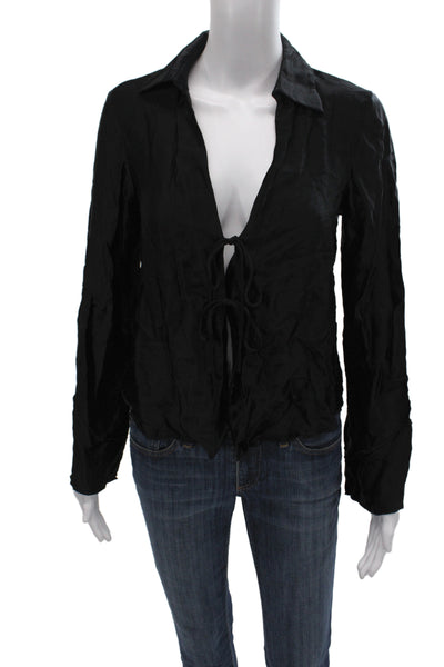 Zara Women Basic Collared Black Viscose Blouse Tie Long Sleeve Size S
