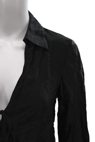 Zara Women Basic Collared Black Viscose Blouse Tie Long Sleeve Size S