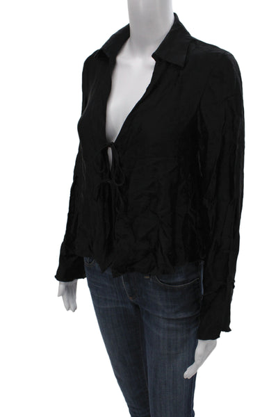 Zara Women Basic Collared Black Viscose Blouse Tie Long Sleeve Size S