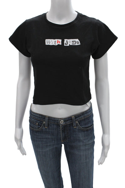 With Jean Women Cropped T-Shirt Black Cotton Short Sleeve Graphic Size S