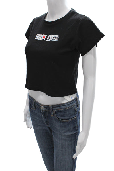 With Jean Women Cropped T-Shirt Black Cotton Short Sleeve Graphic Size S