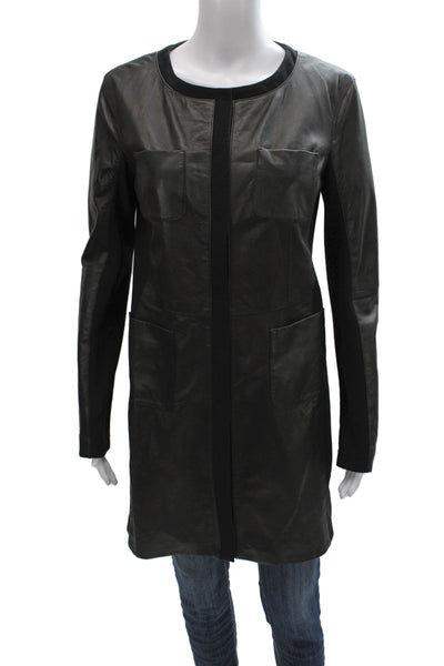Gimos Women Basic Leather Jacket Black Snap Long Sleeve Minimalist Size S