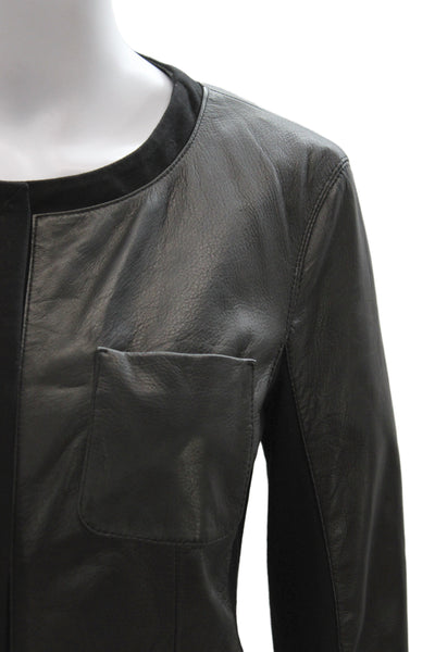 Gimos Women Basic Leather Jacket Black Snap Long Sleeve Minimalist Size S