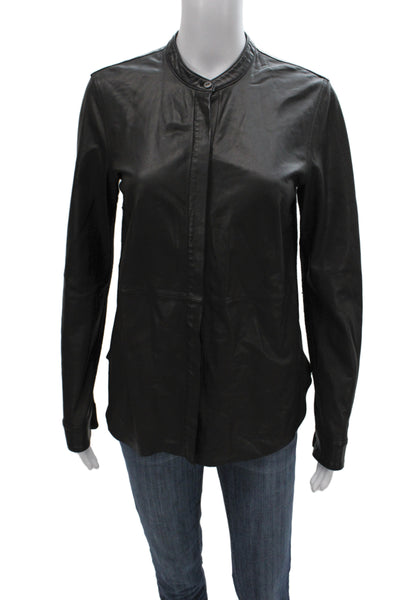 Current/Elliott Women Black Lamb Leather Mock Neck Button-Up Long Sleeve Size 1