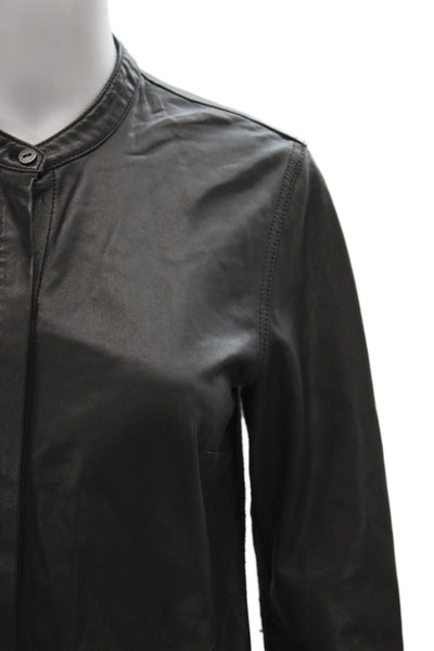 Current/Elliott Women Black Lamb Leather Mock Neck Button-Up Long Sleeve Size 1