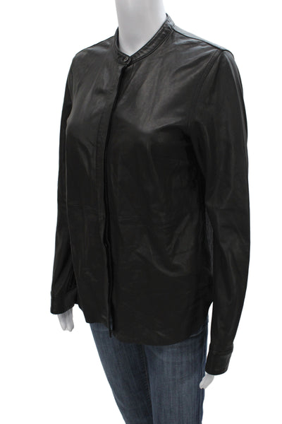 Current/Elliott Women Black Lamb Leather Mock Neck Button-Up Long Sleeve Size 1