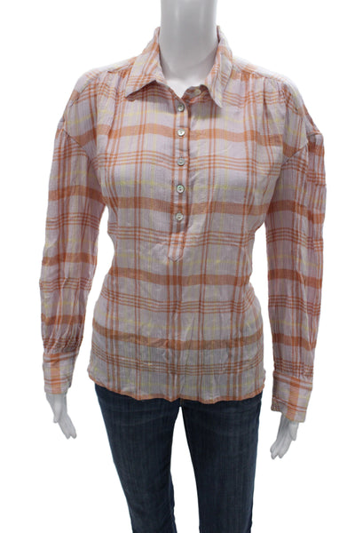 Faherty Womens Cropped Plaid Collared Long Sleeve Orange Blouse Petite Size M