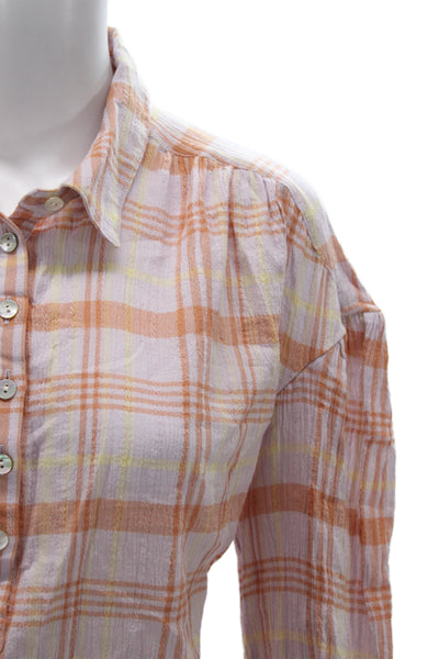 Faherty Womens Cropped Plaid Collared Long Sleeve Orange Blouse Petite Size M