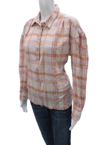 Faherty Womens Cropped Plaid Collared Long Sleeve Orange Blouse Petite Size M