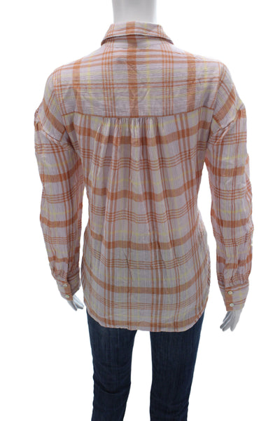 Faherty Womens Cropped Plaid Collared Long Sleeve Orange Blouse Petite Size M