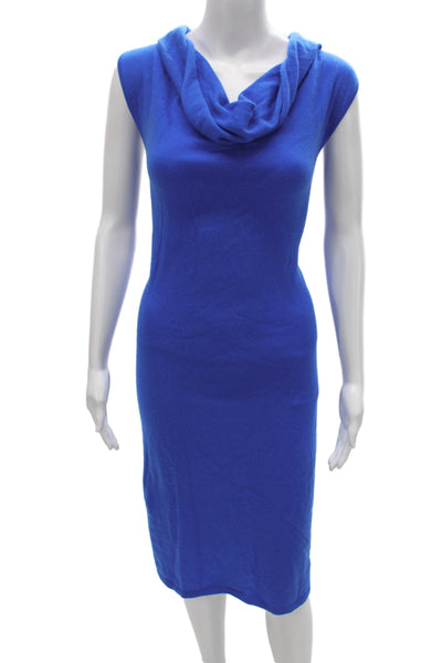Neiman Marcus Women Blue Cashmere Cowl Neck Sleeveless Midi Sweater Dress Size L