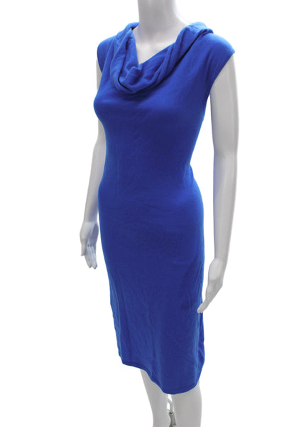 Neiman Marcus Women Blue Cashmere Cowl Neck Sleeveless Midi Sweater Dress Size L