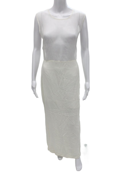 Designer Women Maxi Dress Ivory Sleeveless Round Neck Mid-Calf Zip Size L