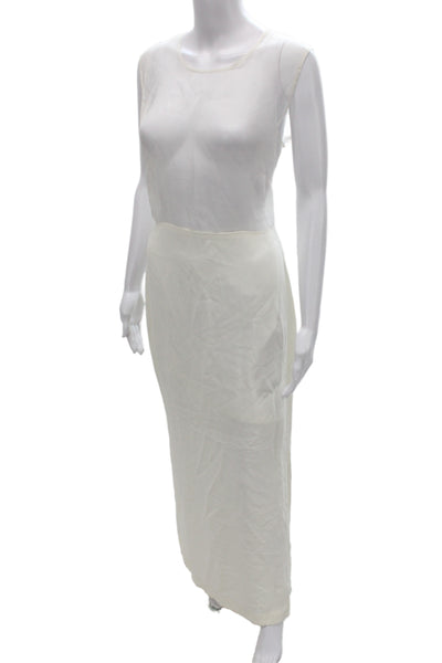 Designer Women Maxi Dress Ivory Sleeveless Round Neck Mid-Calf Zip Size L