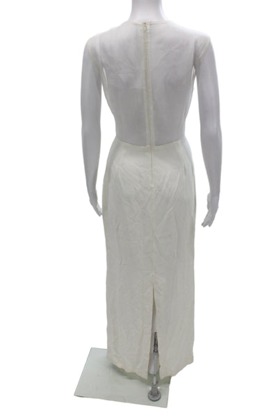 Designer Women Maxi Dress Ivory Sleeveless Round Neck Mid-Calf Zip Size L