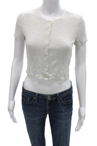 Leset Womens Basic Gray Button Up Short Sleeve Round Neck Viscose Top Size XS
