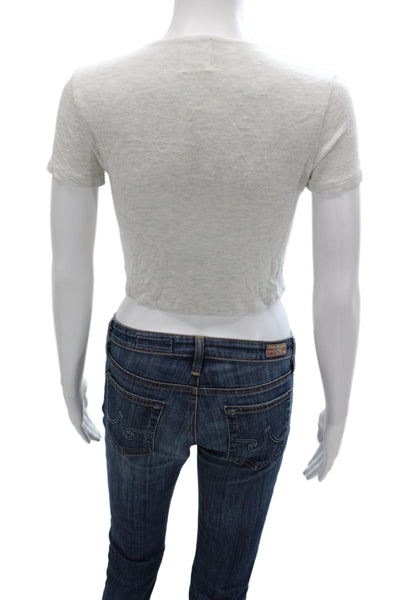 Leset Womens Basic Gray Button Up Short Sleeve Round Neck Viscose Top Size XS