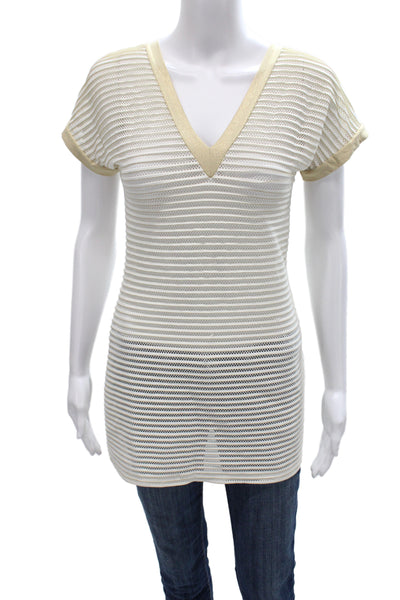 Luli Fama Women Tunic Blouse White Striped V-Neck Short Sleeve Size S