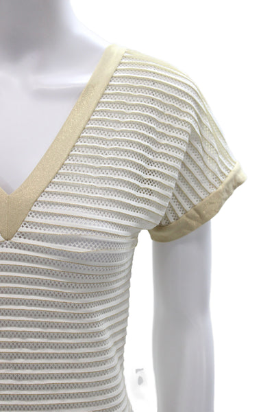 Luli Fama Women Tunic Blouse White Striped V-Neck Short Sleeve Size S
