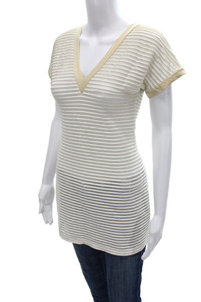 Luli Fama Women Tunic Blouse White Striped V-Neck Short Sleeve Size S