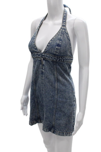 Re/Done Womens Mini Dress Blue Halter Sleeveless 100% Cotton 90s Size XS